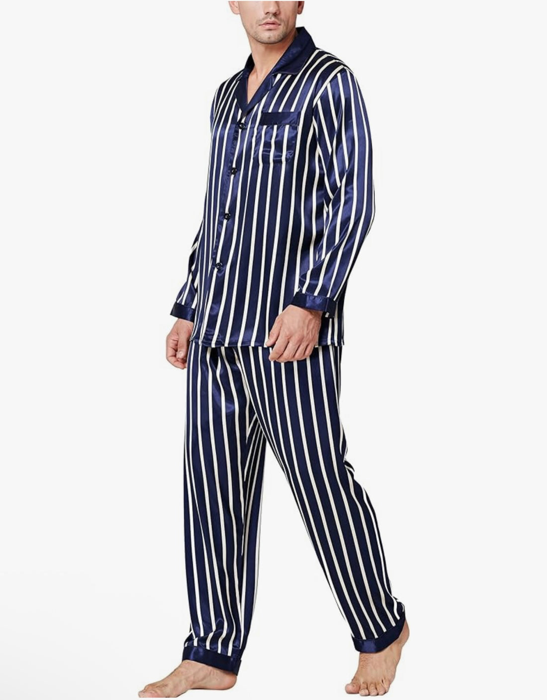 Classic Navy & White Striped Men's Satin Pajama Set – Comfortable Loungewear