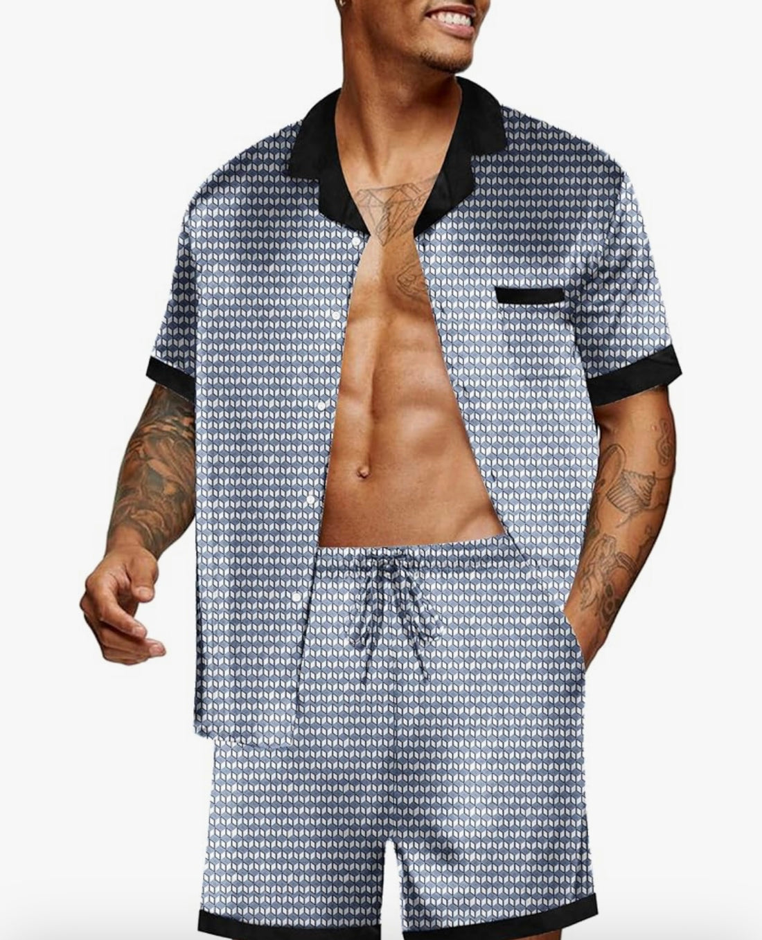 Men’s Satin Silk Pajama Set – Short Sleeve Button Down Top & Shorts with Pockets