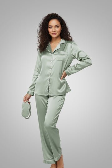 Elegant Sage Green Satin Pajama Set for Women – Long Sleeve Loungewear with Eye Mask