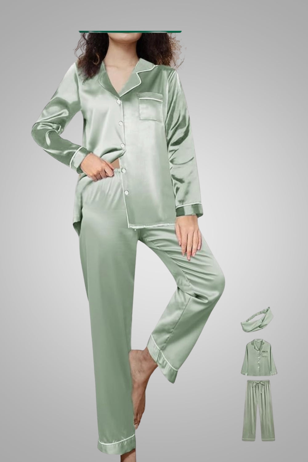 Elegant Sage Green Satin Pajama Set for Women – Long Sleeve Loungewear with Eye Mask
