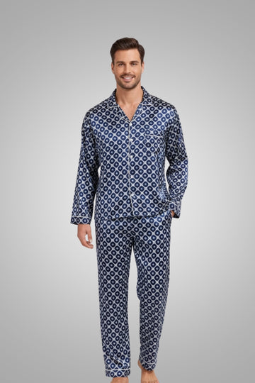 Luxury Navy Blue Patterned Satin Men's Pajama Set