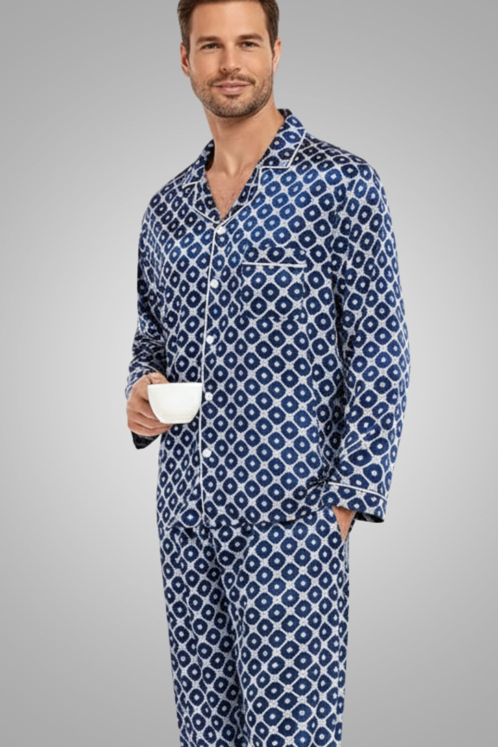 Luxury Navy Blue Patterned Satin Men's Pajama Set
