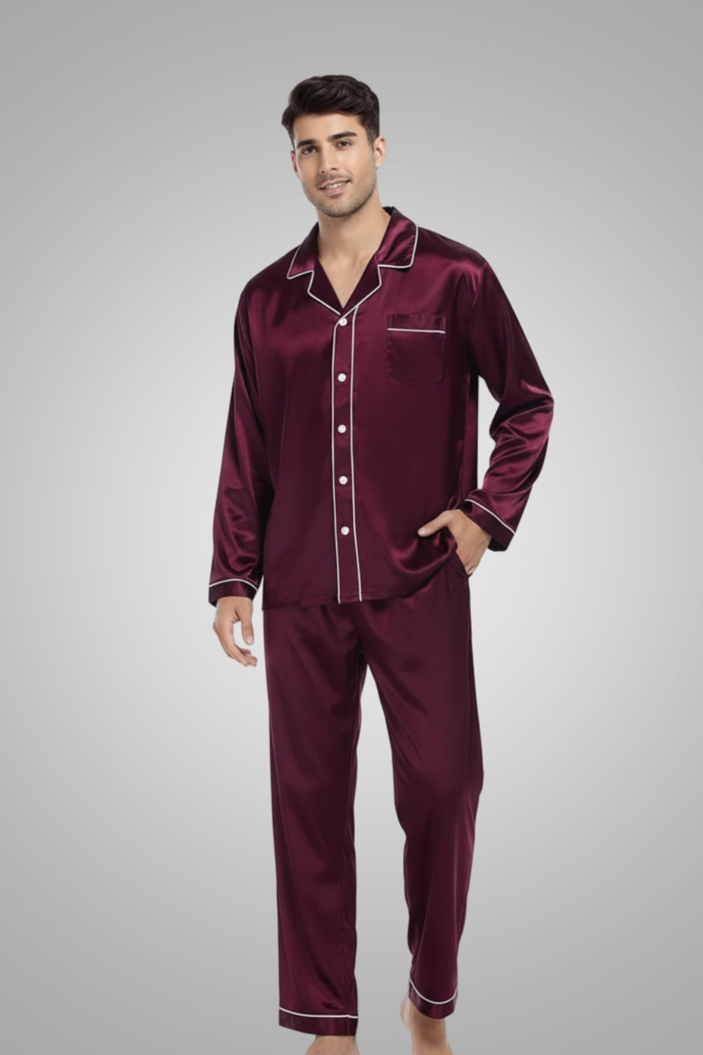 Luxury Men's Deep Wine Red Global Satin/Silk Pajama Set - Long Sleeve ...