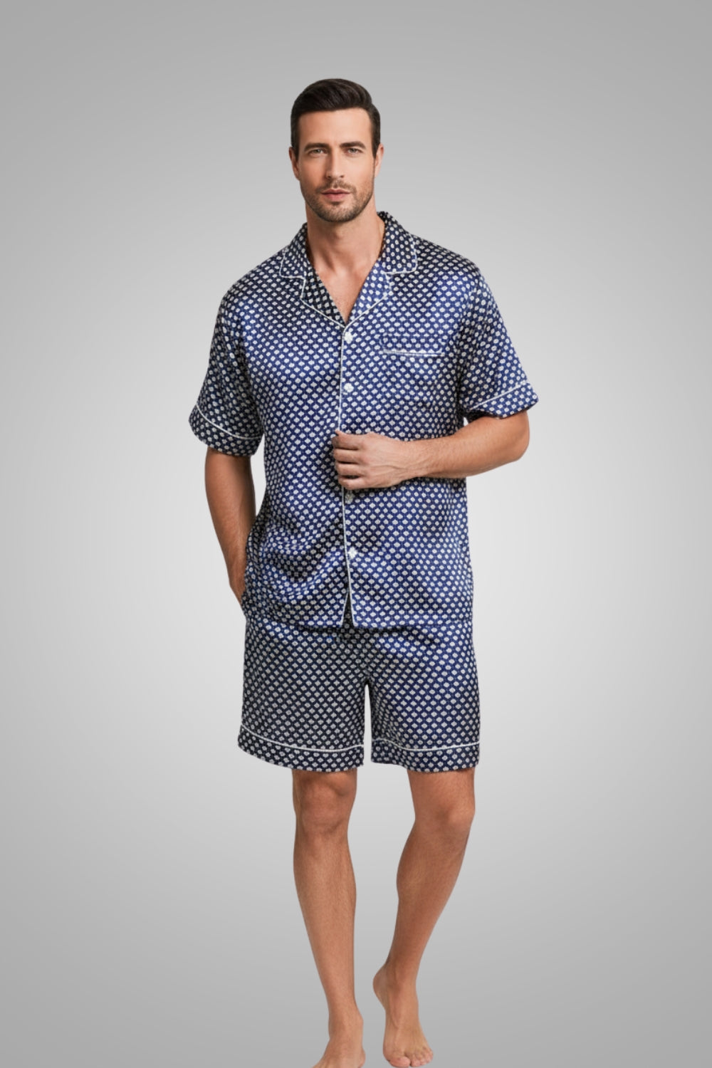 Men's Lightweight Navy Patterned Satin Pajama Set – Short Sleeve & Long Pants Loungewear