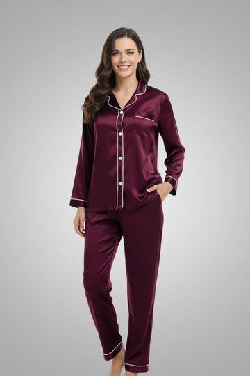 Elegant Purple Global Satin Women's Pajama Set – Long Sleeve Loungewear