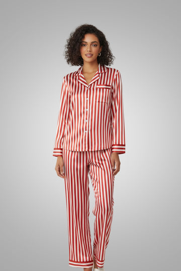 Comfortable Red & White Striped Women's Pajama Set – Long Sleeve Loungewear