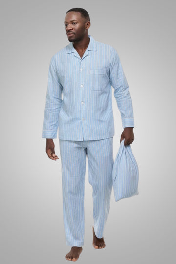 Men's 100% Cotton Pajama Set Light Blue Striped PJs