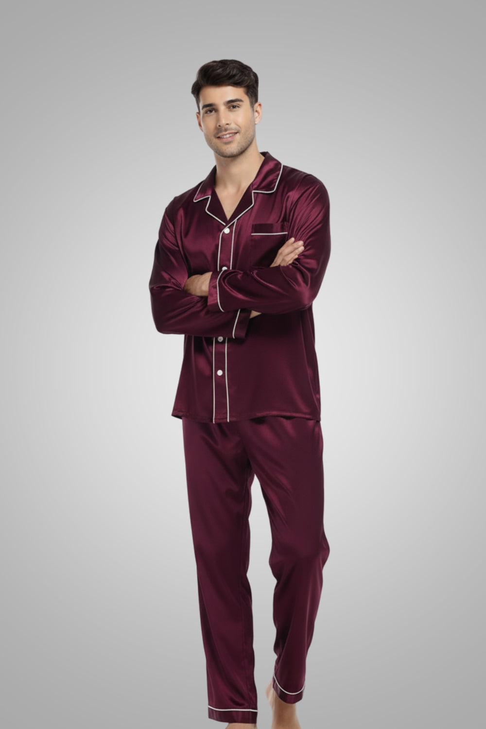 Luxury Men's Global Satin Silk Pajama Set - Long Sleeve Button-Down Loungewear