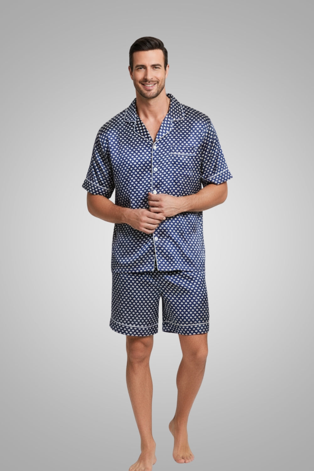Men's Lightweight Navy Patterned Satin Pajama Set – Short Sleeve & Long Pants Loungewear