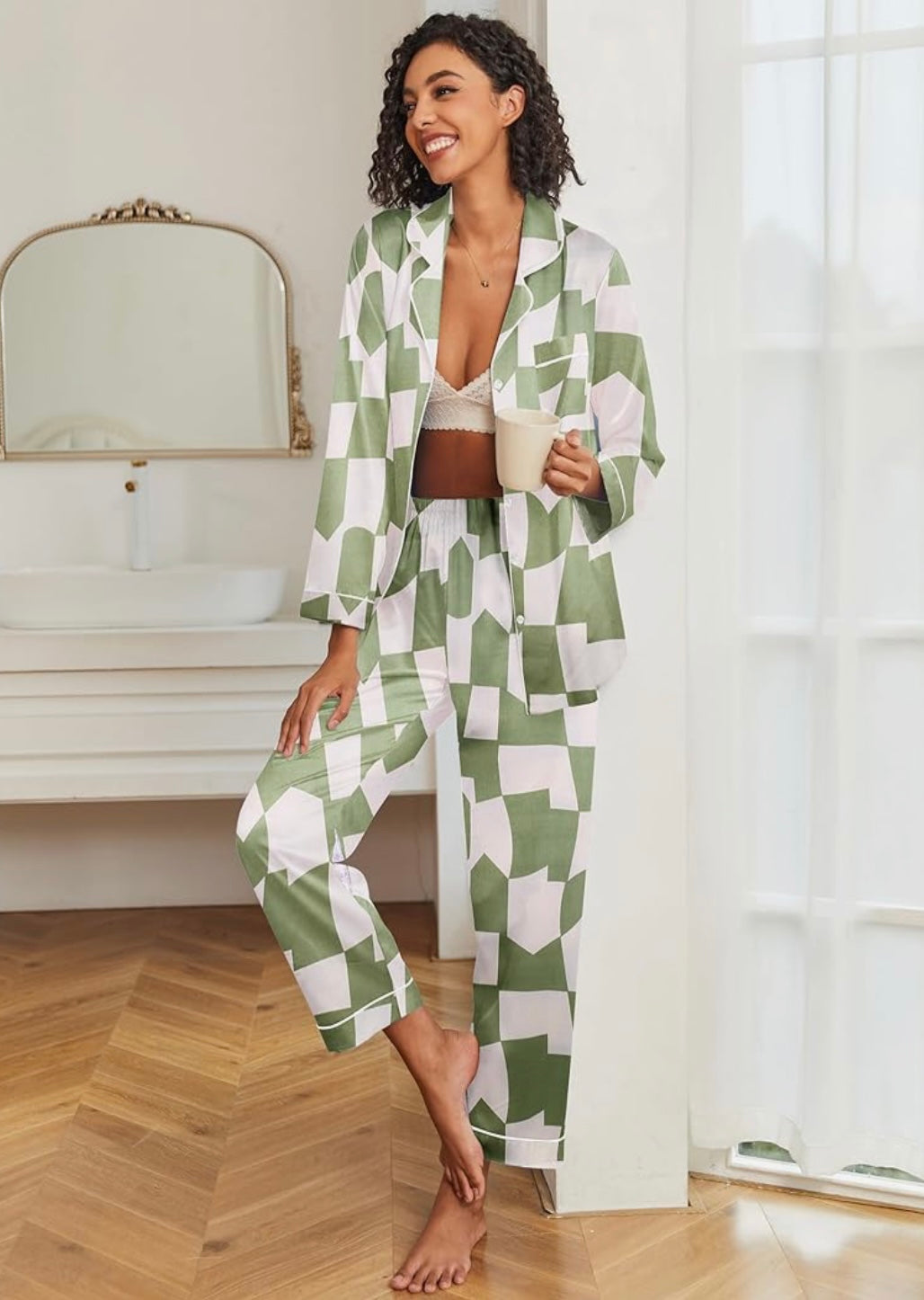 Womens Silk Pajamas Button Up Pajama Soft Long Sleeve