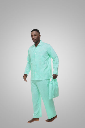 Men's %100 Cotton Pajama Set Green & Blue Striped PJs