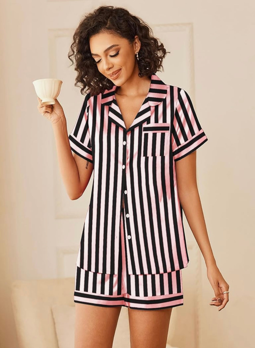 Women’s Silk Satin Pajama Set – Short Sleeve Top & Shorts