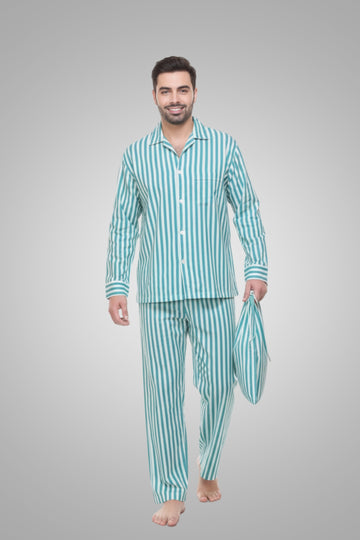 Men's %100 Cotton Teal Striped Pajama Set