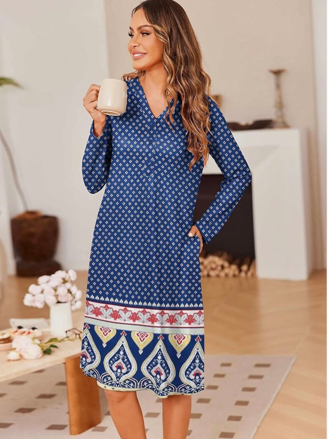 Women’s 3/4 Sleeve Floral Print House Dress with Pockets