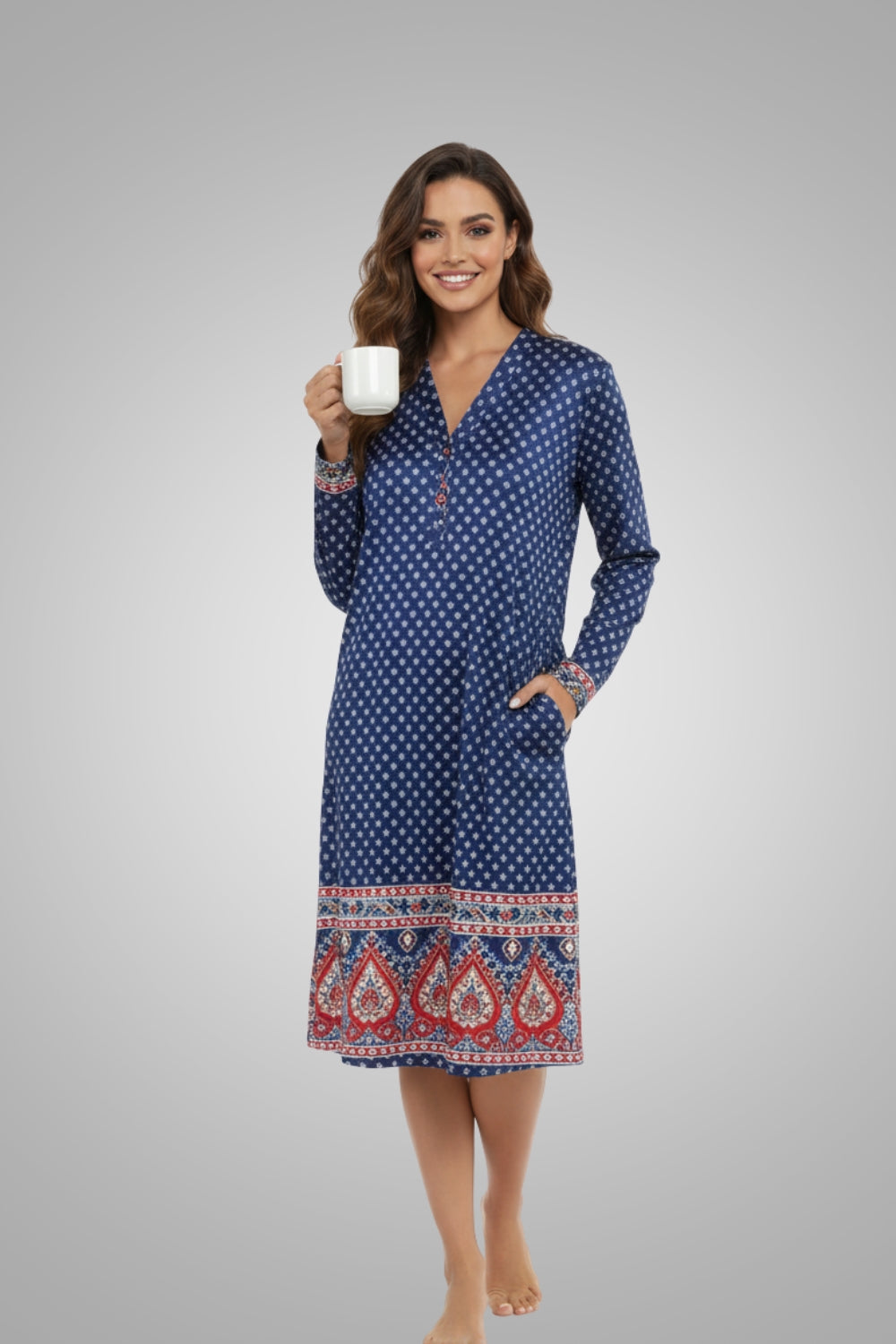 Women’s 3/4 Sleeve Floral Print House Dress with Pockets