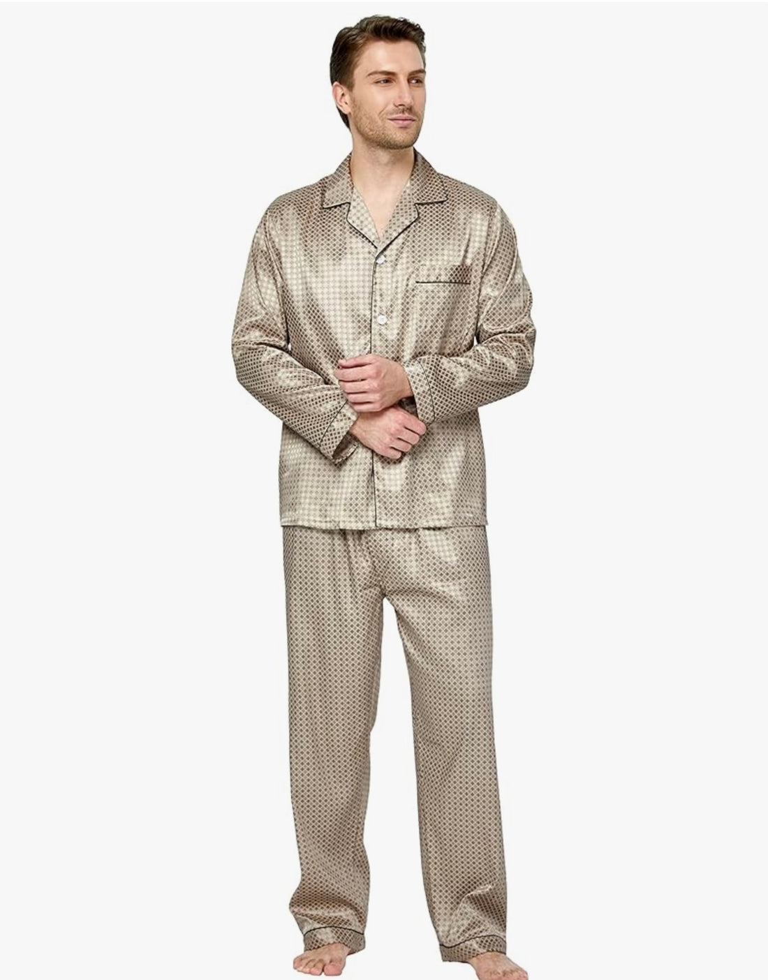 Men's Silk Satin Pajama Set Long Sleeve-Gold