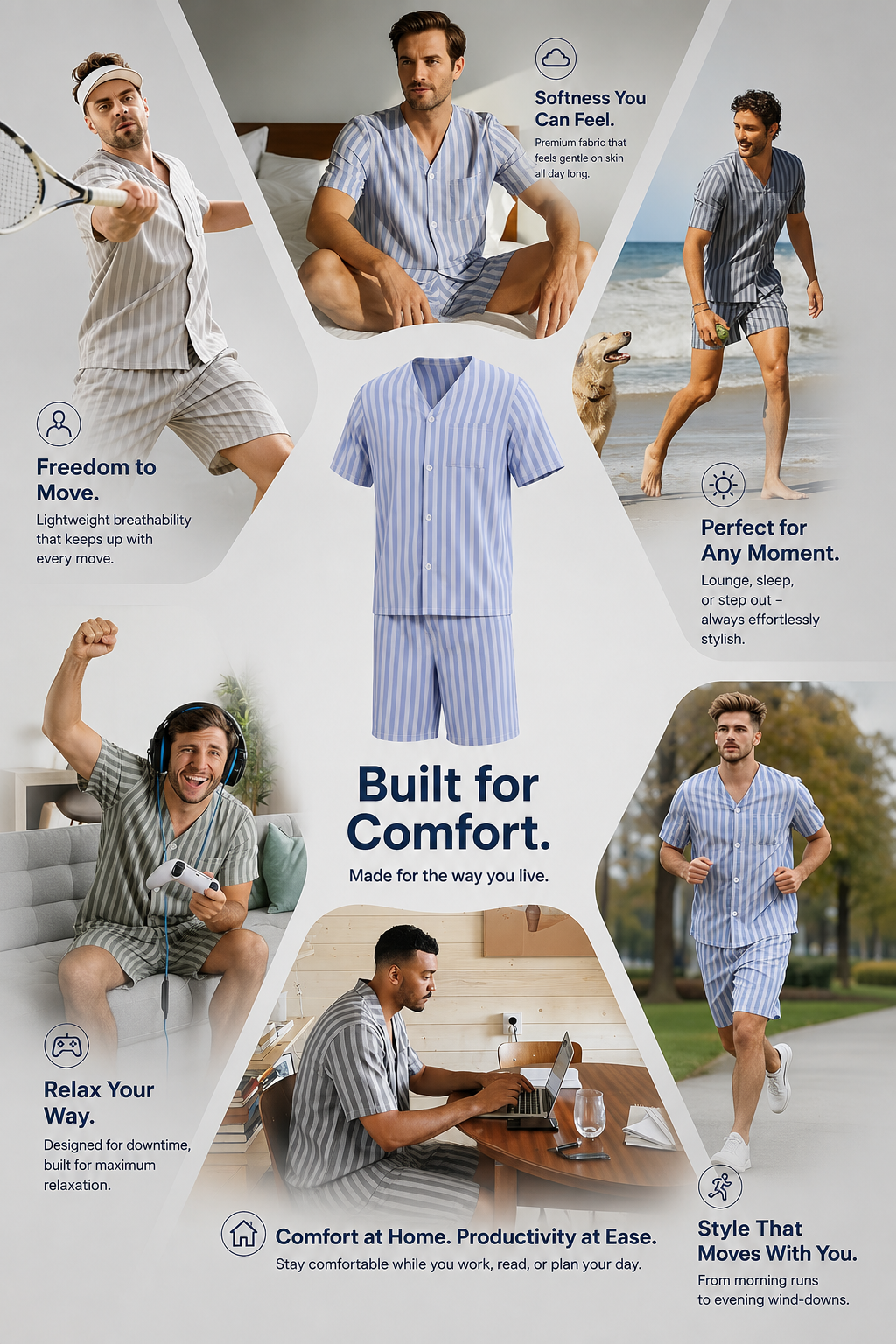 Men's Cotton Pajama Set Sleepwear Short Sleeve