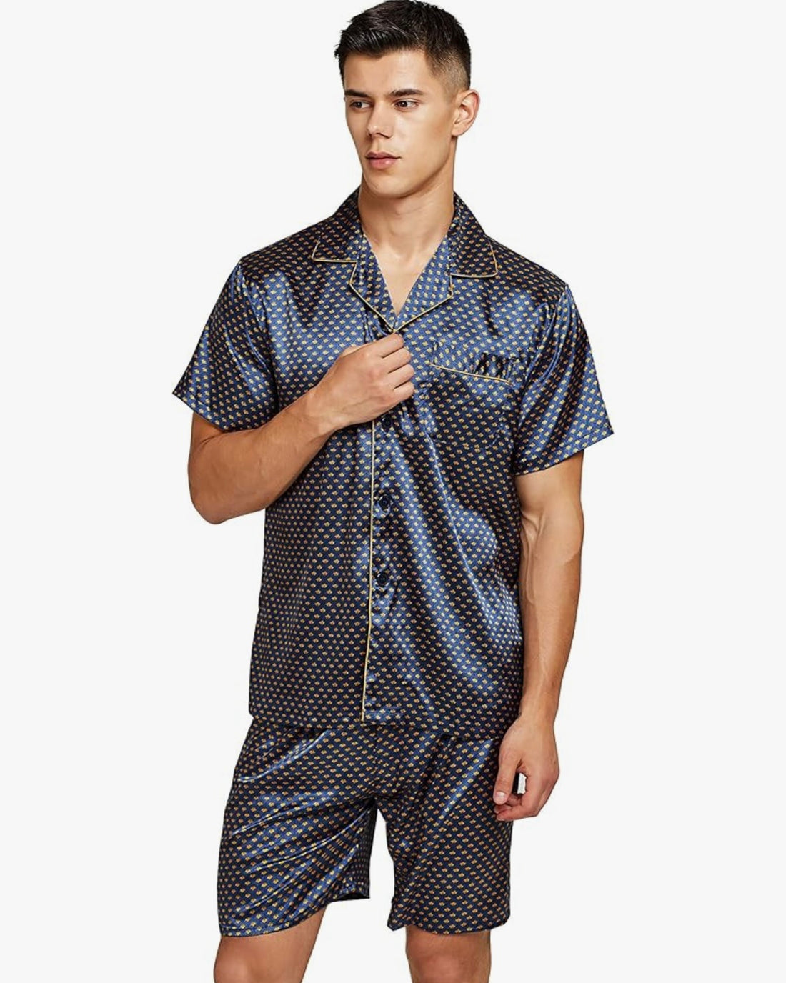 Men's (Banky’s) Favorite Silk/Satin Pajama Set Short Sleeve-Navy and Golden Diamond