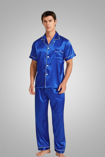 Bold Royal Blue Men's Satin Pajama Set – Short Sleeve Loungewear