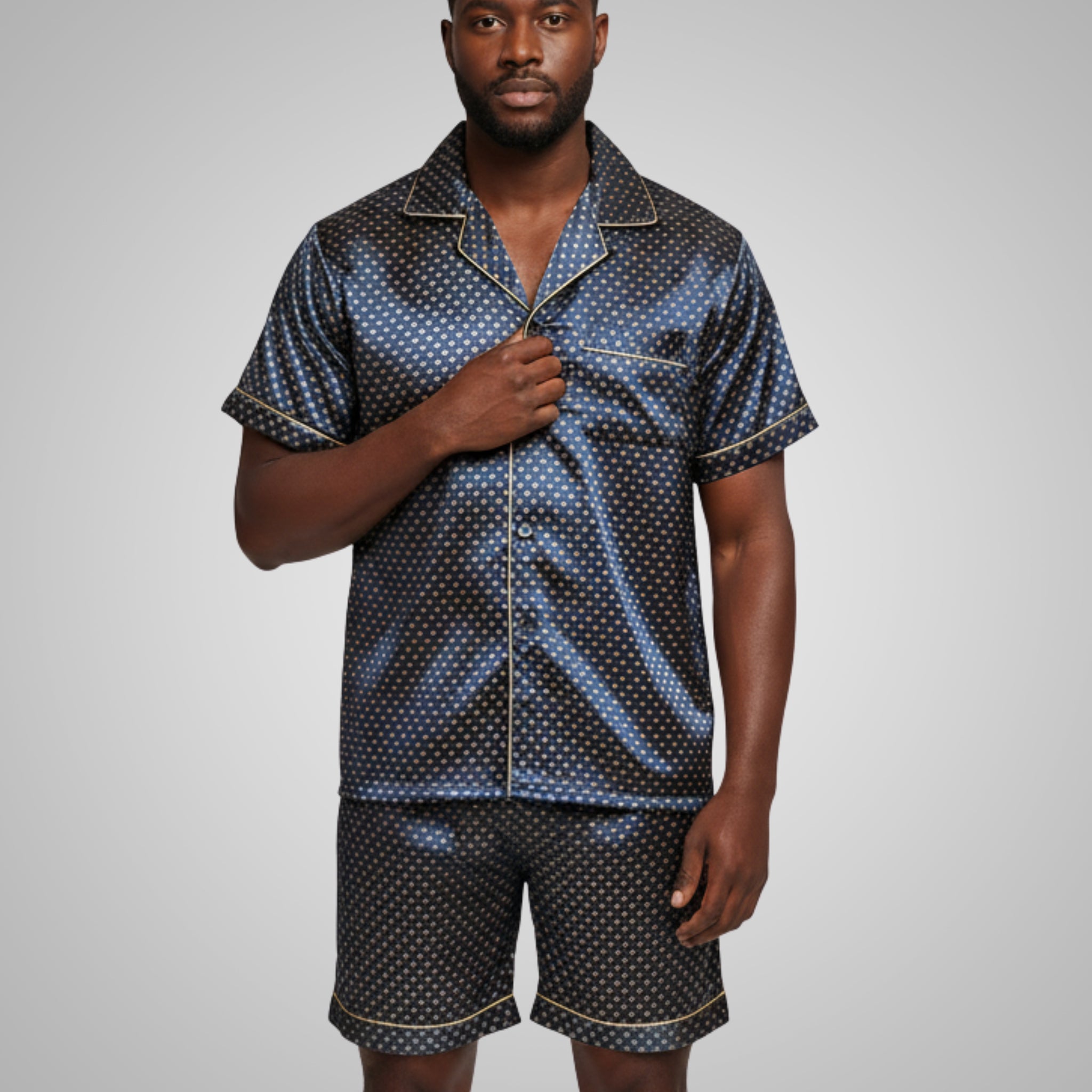Men's (Banky’s) Favorite Silk/Satin Pajama Set Short Sleeve-Navy and Golden Diamond