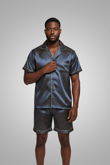 Men's (Banky’s) Favorite Silk/Satin Pajama Set Short Sleeve-Navy and Golden Diamond
