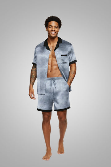 Men’s Satin Silk Pajama Set – Short Sleeve Button Down Top & Shorts with Pockets