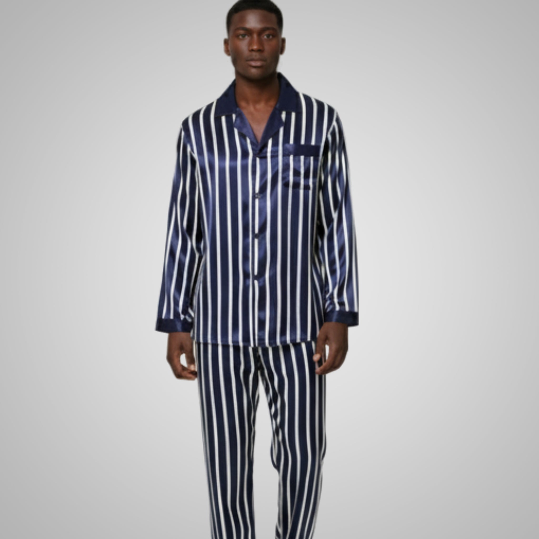 Classic Navy & White Striped Men's Satin Pajama Set – Comfortable Loungewear