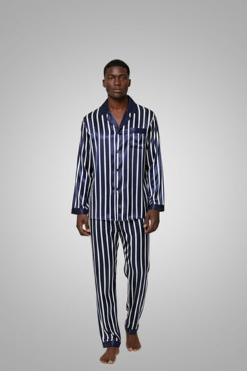 Classic Navy & White Striped Men's Satin Pajama Set – Comfortable Loungewear