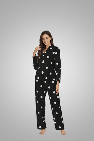 Black and white polka dot print women long sleeve pajama set
