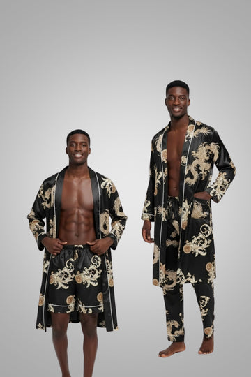 Men's 3 pieces set, Pants, Shorts &Luxurious Soft Satin Long-Sleeve Robe Combo